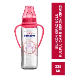 Bambino Silikon Kiraz Uçlu Kulplu Cam Biberon 225 ml ( B016 )