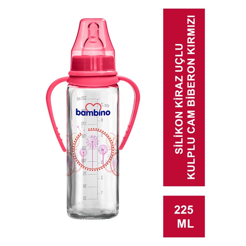 Bambino Silikon Kiraz Uçlu Kulplu Cam Biberon 225 ml ( B016 )