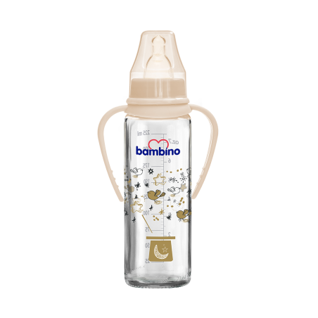 Bambino Silikon Kiraz Uçlu Kulplu Cam Biberon BE 016 225 ml