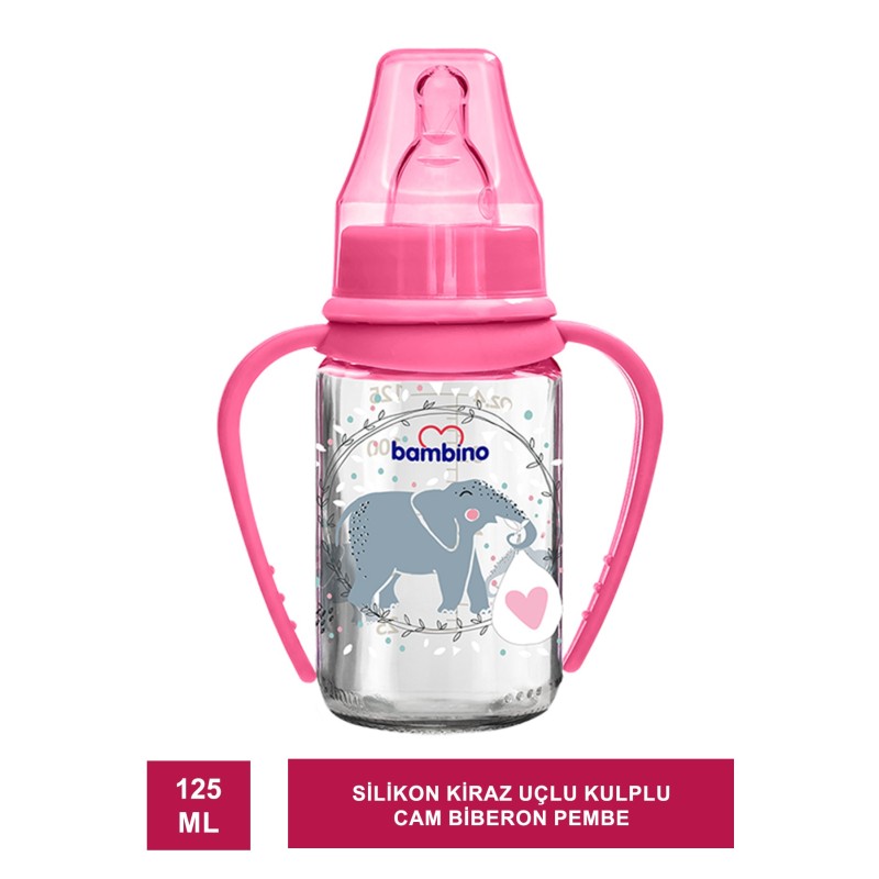 Bambino Silikon Kiraz Uçlu Kulplu Cam Biberon 125 ml ( B015 )