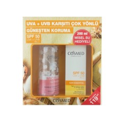 Cosmed Sun Essential SPF50+ Tüm Cilt Tipleri İçin Güneş Kremi 50ml + Micellar Ultrasense Makyaj Temizleme Suyu 200ml