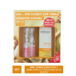 Cosmed Sun Essential SPF50+ Tüm Cilt Tipleri İçin Güneş Kremi 50ml + Micellar Ultrasense Makyaj Temizleme Suyu 200ml