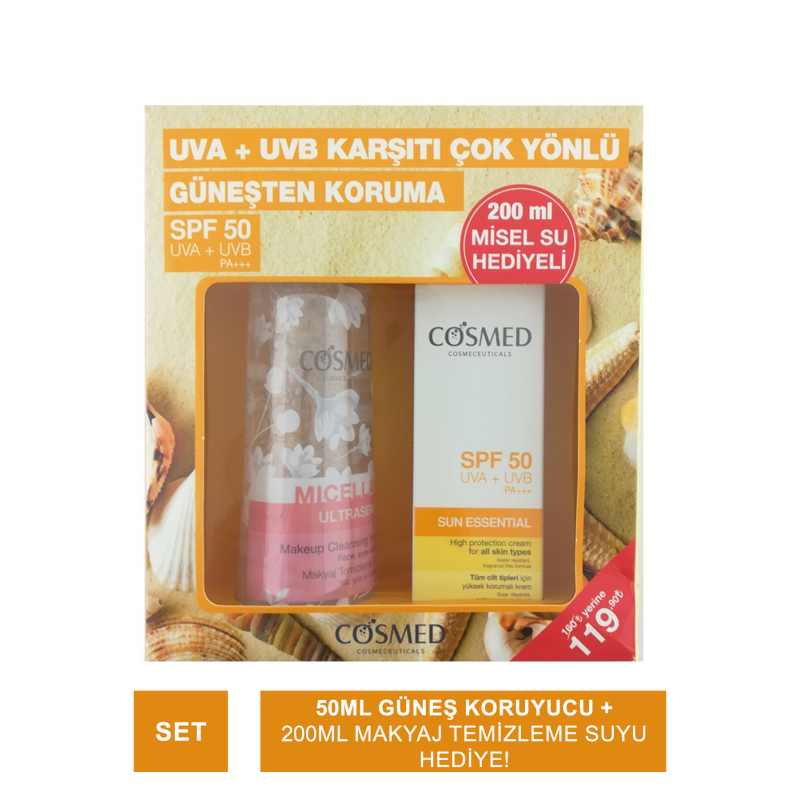 Cosmed Sun Essential SPF50+ Tüm Cilt Tipleri İçin Güneş Kremi 50ml + Micellar Ultrasense Makyaj Temizleme Suyu 200ml Cosmed Sun Essential SPF50+ Tüm Cilt Tipleri İçin Güneş Kremi 50ml + Micellar Ultrasense Makyaj Temizleme Suyu 200ml