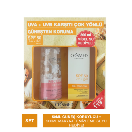 Cosmed Sun Essential SPF50+ Tüm Cilt Tipleri İçin Güneş Kremi 50ml + Micellar Ultrasense Makyaj Temizleme Suyu 200ml