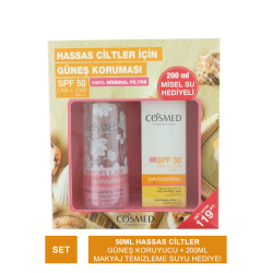 Cosmed Sun Essential SPF 50+ Çok Hassas Ciltler İçin Güneş Kremi 50 ml + Micellar Ultrasense Makyaj Temizleme Suyu 200 ml