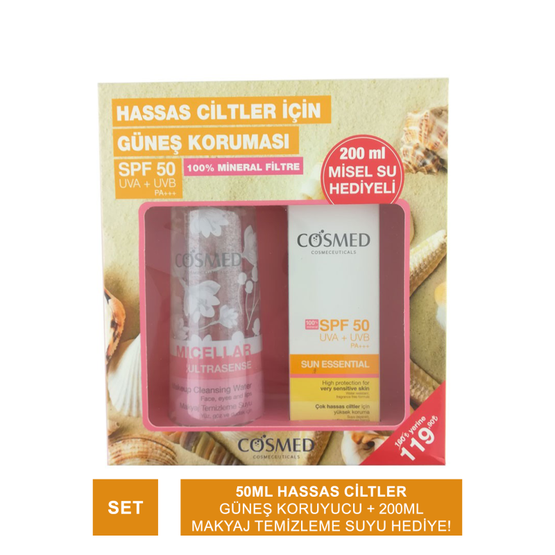Cosmed Sun Essential SPF 50+ Çok Hassas Ciltler İçin Güneş Kremi 50 ml + Micellar Ultrasense Makyaj Temizleme Suyu 200 ml Cosmed Sun Essential SPF 50+ Çok Hassas Ciltler İçin Güneş Kremi 50 ml + Micellar Ultrasense Makyaj Temizleme Suyu 200 ml