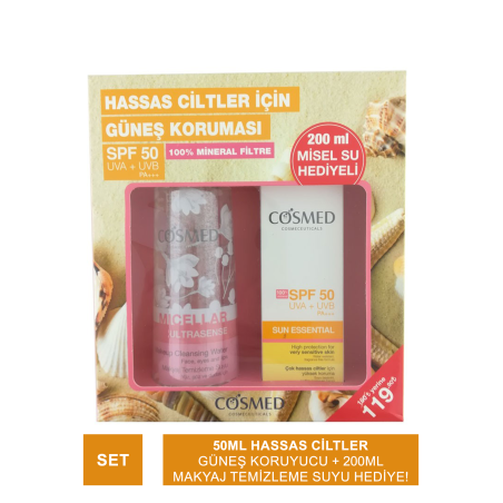 Cosmed Sun Essential SPF 50+ Çok Hassas Ciltler İçin Güneş Kremi 50 ml + Micellar Ultrasense Makyaj Temizleme Suyu 200 ml