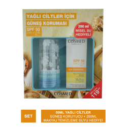 Cosmed Sun Essential SPF 50+ Yağlı Cilt İçin Güneş Kremi 50 ml + Complete Benefit Makyaj Temizleme Suyu 200 ml