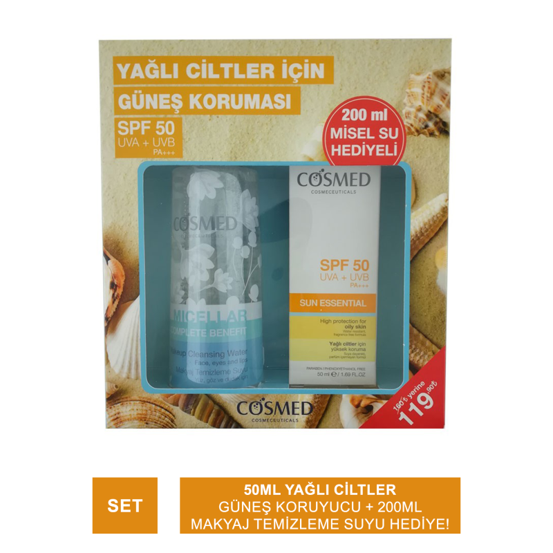 Cosmed Sun Essential SPF 50+ Yağlı Cilt İçin Güneş Kremi 50 ml + Complete Benefit Makyaj Temizleme Suyu 200 ml Cosmed Sun Essential SPF 50+ Yağlı Cilt İçin Güneş Kremi 50 ml + Complete Benefit Makyaj Temizleme Suyu 200 ml