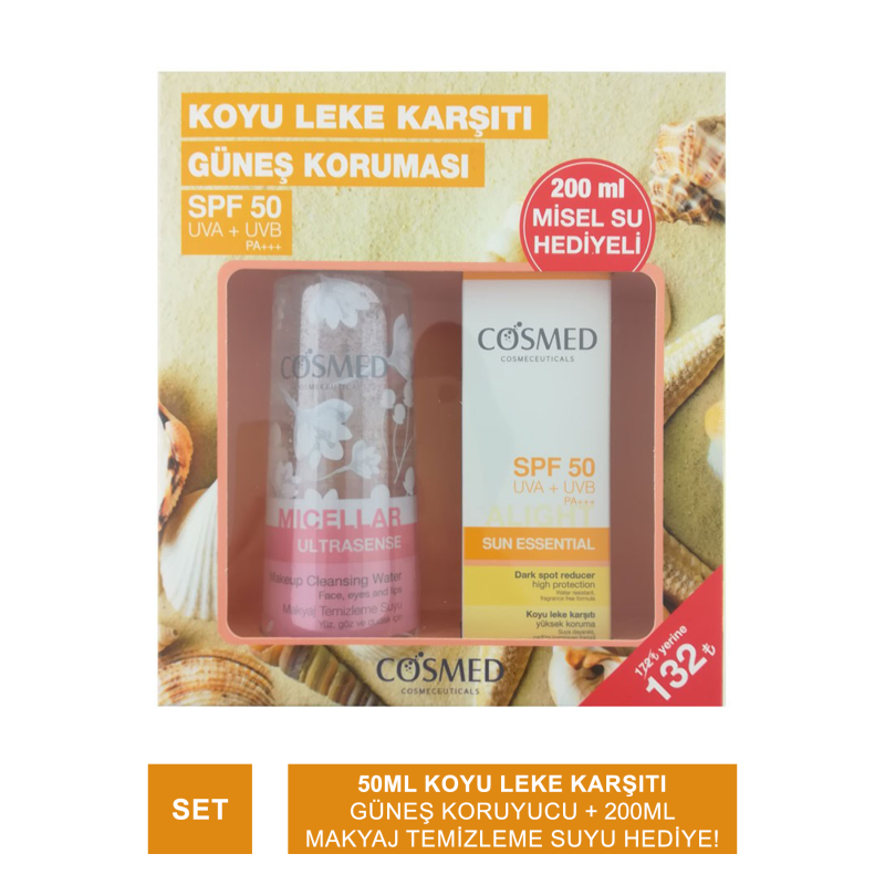 Cosmed Sun Essential SPF50+ Koyu Leke Karşıtı Güneş Kremi 50ml + Micellar Ultrasense Makyaj Temizleme Suyu 200ml Cosmed Sun Essential SPF50+ Koyu Leke Karşıtı Güneş Kremi 50ml + Micellar Ultrasense Makyaj Temizleme Suyu 200ml
