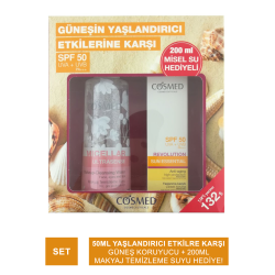 Cosmed Sun Essential SPF50+Revolutıon Yaşlanma Karşıtı Güneş Kremi 50 ML + Ultrasense Makyaj Temizleme Suyu 200 ml