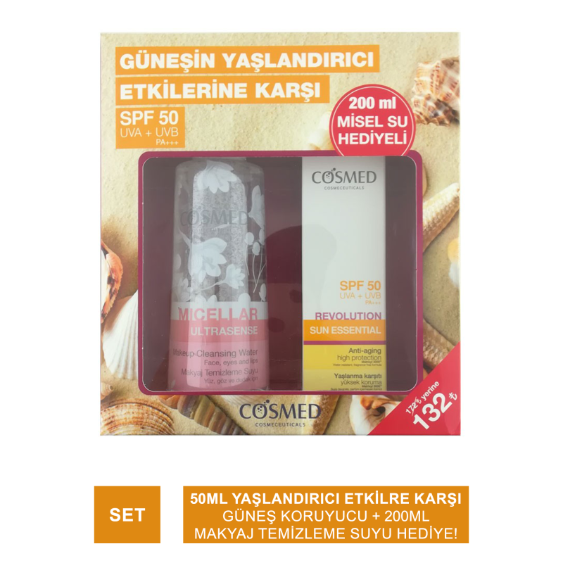 Cosmed Sun Essential SPF50+Revolutıon Yaşlanma Karşıtı Güneş Kremi 50 ML + Ultrasense Makyaj Temizleme Suyu 200 ml