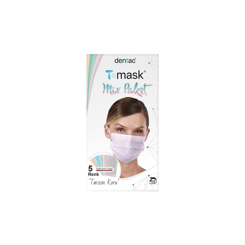 Dentac T-Mask 3 Katlı Renkli Mix Paket Yüz Maskesi 10 Adet