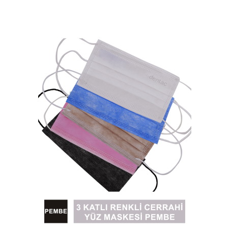 Dentac T-Mask 3 Katlı Renkli Cerrahi Yüz Maskesi Pembe 100 Adet 2 x 50'li Kutu