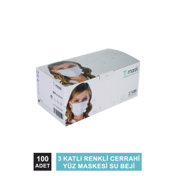 Dentac T-Mask 3 Katlı Renkli Cerrahi Yüz Maskesi Su Beji 100 Adet (2 x 50LI Kutu)
