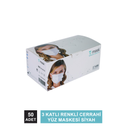 Dentac T-Mask 3 Katlı Renkli Cerrahi Yüz Maskesi Siyah 50 Adet