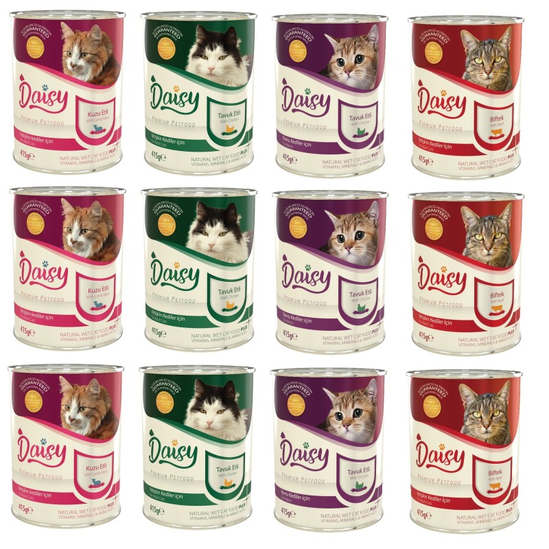 Daisy Premium Mix Biftekli Kuzu Etli Tavuk Etli  Kedi Konservesi 12 Adet 400 Gr