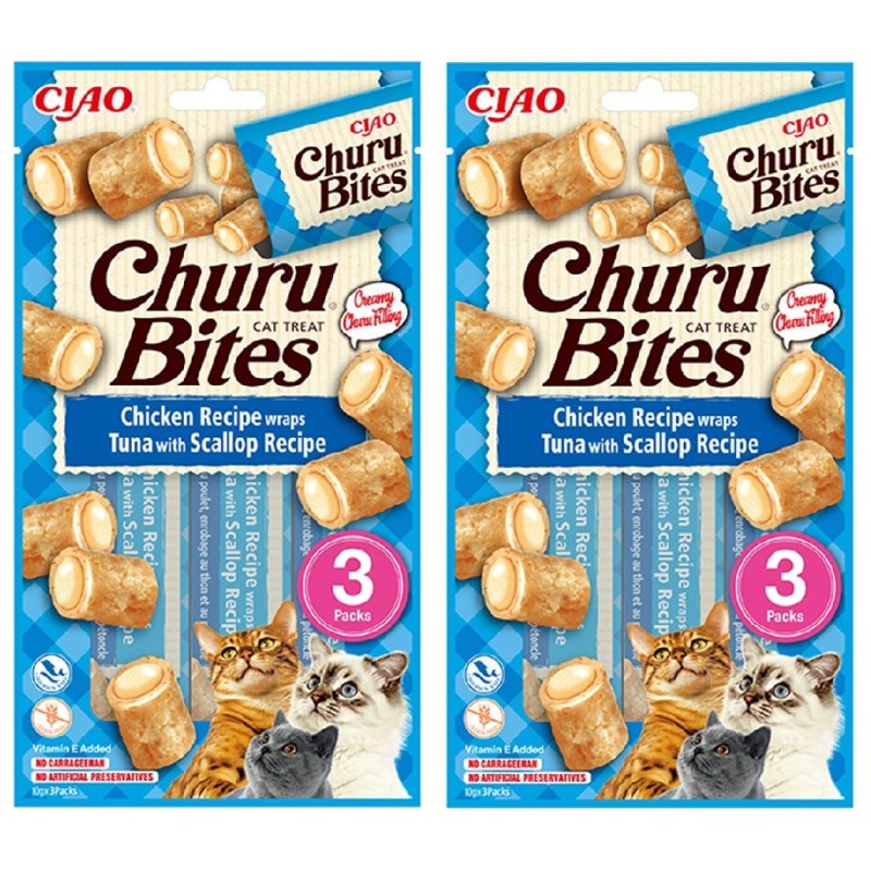Churu Bites Tavuk,Deniz Taraklı ve Ton Balıklı Kedi Ödül Maması 3x2 Paket