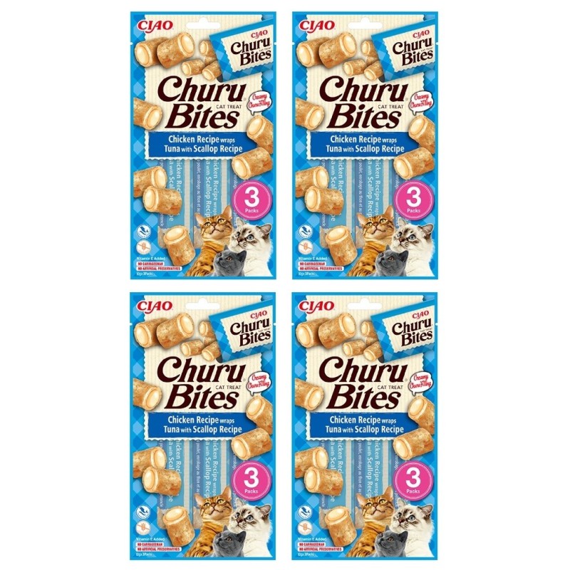 Churu Bites Tavuk,Deniz Taraklı ve Ton Balıklı Kedi Ödül Maması 3x4 Paket