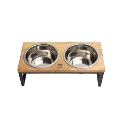GF PET Kedi ve Köpek Ahşap Kaplı İkili Mama ve Su Kabı Large