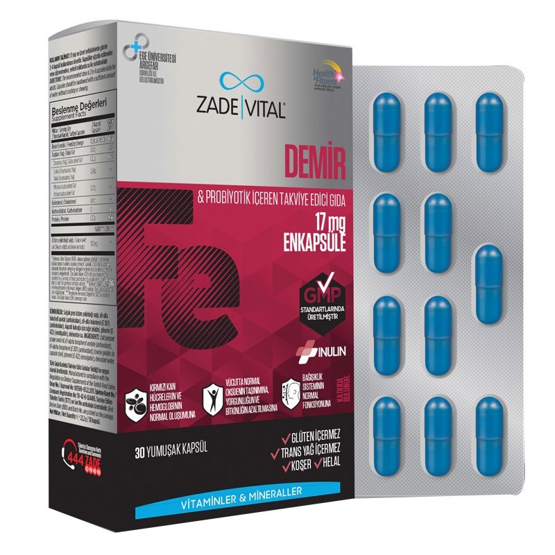 Zade Vital Demir ve Probiyotik Takviye Edici Gıda 30 Kapsül
