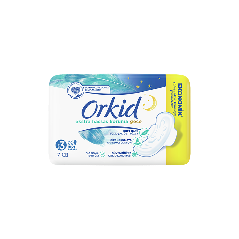 Orkid Ekstra Hassas Koruma Gece (Boy 3) Kanatlı Hijyenik Ped 7 Adet