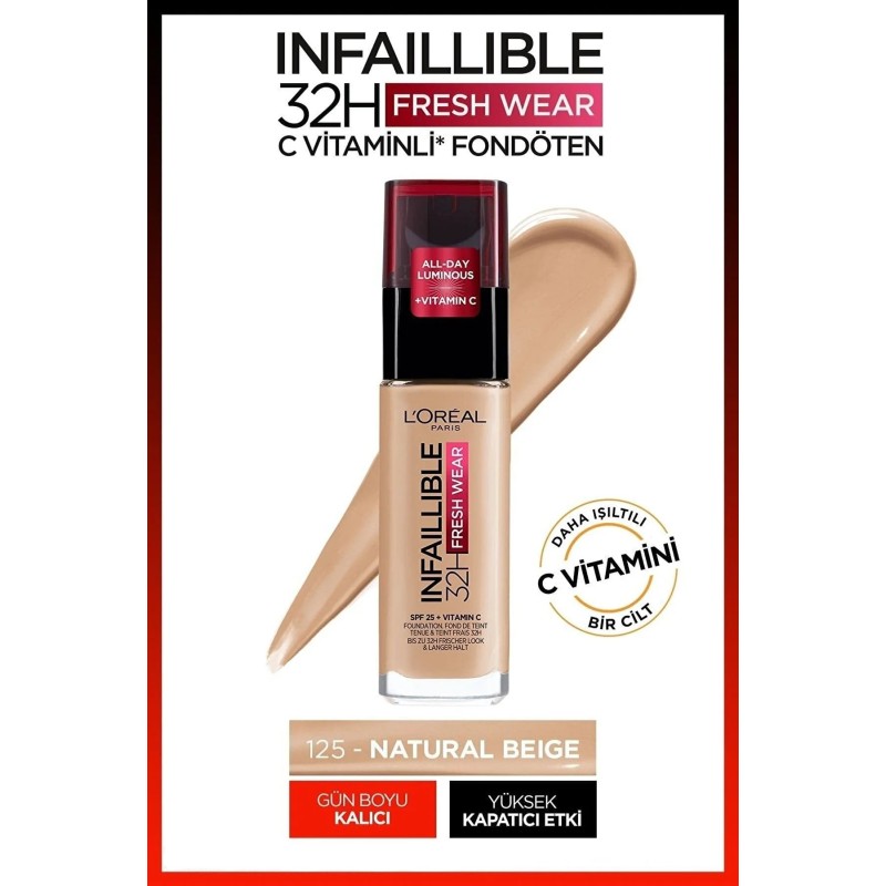 Loreal Paris Infaillible 32H Fresh Wear C Vitaminli Fondöten - 125 Naturel Rose 30ml