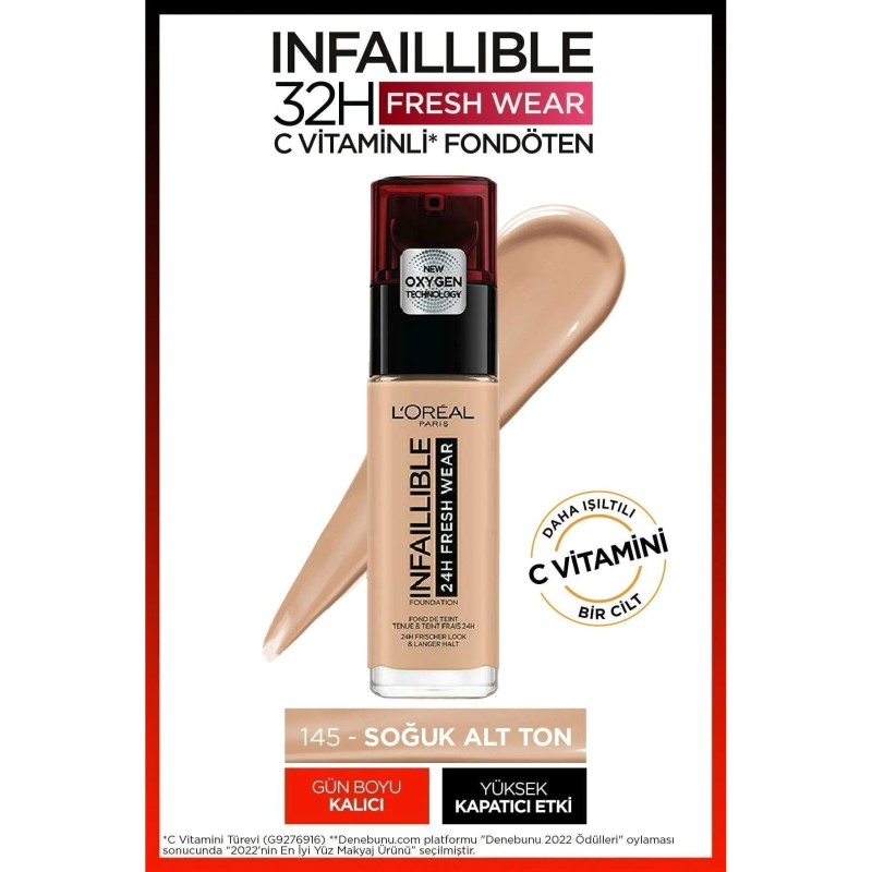 Loreal Paris Infaillible 32H Fresh Wear C Vitaminli Fondöten - 145 BeigeRose 30ml