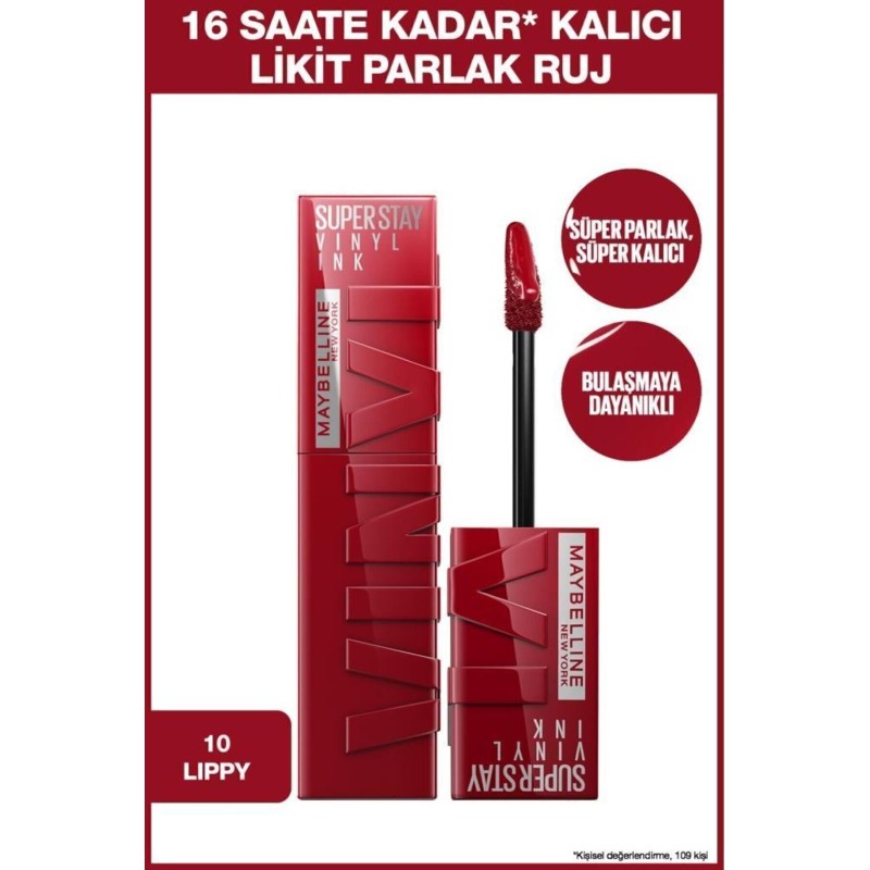 Maybelline New York Super Stay Vinyl Ink Uzun Süre Kalıcı Likit Parlak Ruj - 10 LIPPY