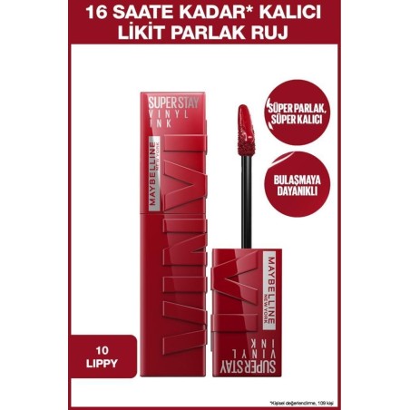 Maybelline New York Super Stay Vinyl Ink Uzun Süre Kalıcı Likit Parlak Ruj - 10 LIPPY