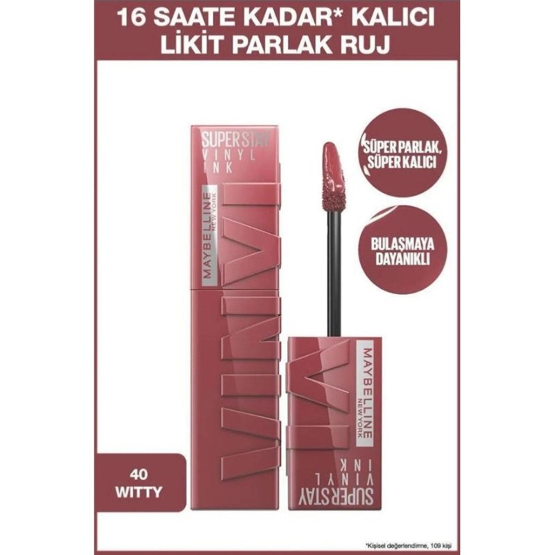 Maybelline New York Super Stay Vinyl Ink Uzun Süre Kalıcı Likit Parlak Ruj -  40 WITTY