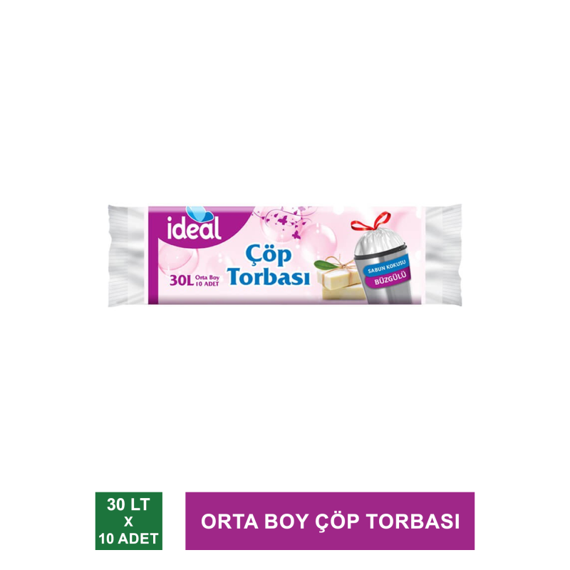 İdeal Orta Boy Çöp Torbası / Büzgülü ve Beyaz Sabun Kokulu 10 Adet ( 50x60 cm)