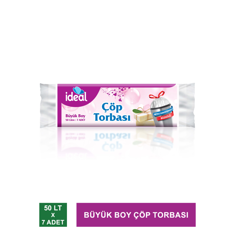 İdeal Büyük Boy Çöp Torbası / Büzgülü ve Beyaz Sabun Kokulu 7 Adet ( 65x70 cm)