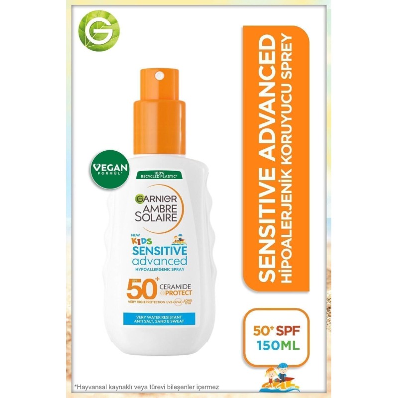 Garnier Ambre Solaire Kids Sensitive Advanced Sprey SPF 50+ - Çocuklar İçin Hassas Cilt Güneş Koruyucu Sprey - 150 ml