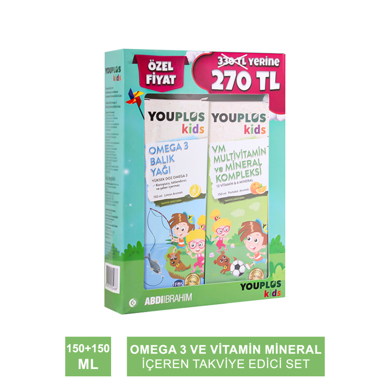 Outlet - Youplus Kids Omega 3 Balık Yağı + Kids VM 150+150 ml Set