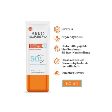 Arko Suncare Spf50 Çok Yüksek Korumalı Yüz Güneş Kremi 50 ml