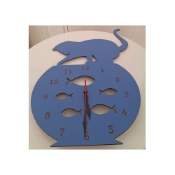 Ebruli Sanat Tasarım Kedi ve Balık Temalı Mavi Duvar Saati