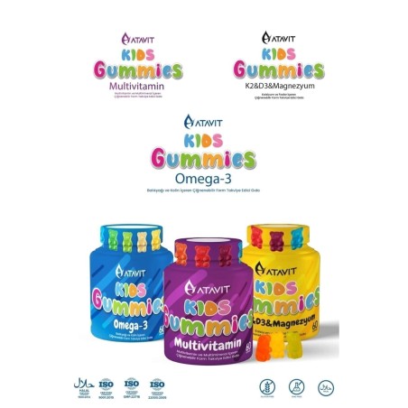 Atavit Kids Omega 3, D3 K2 , Magnezyum Multivitamin Süper 3'lü Gummies 180 Yumuşak Kapsül