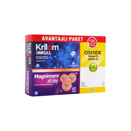 Tab İlaç Krilom Omega 3 50 Kapsül + Magnimore All Day 60 Tablet + Osende D3K2 20ml Damla | Avantajlı Paket